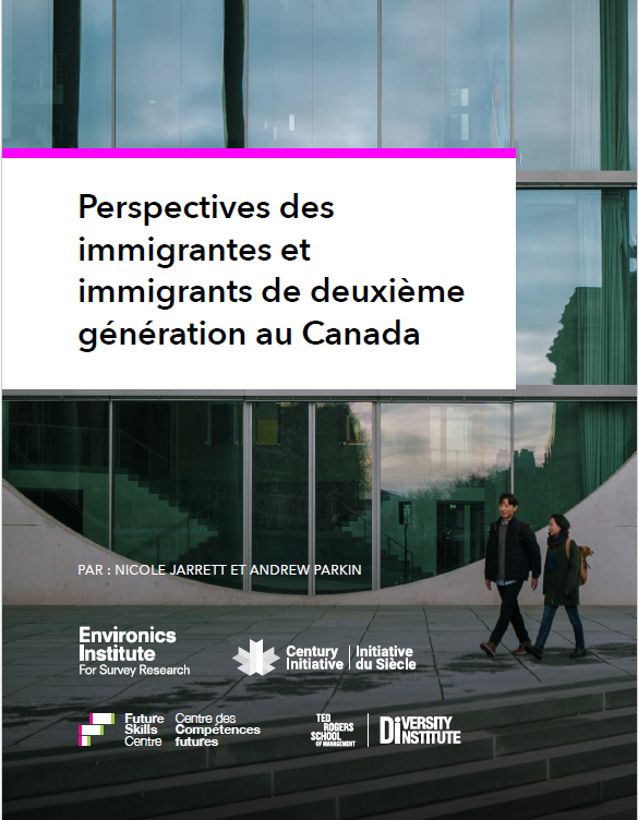 The cover of a report with the title in French on a white square with logos and a large picture of two diverse looking people walking in front of a building with a very large window that is reflecting a cityscape.